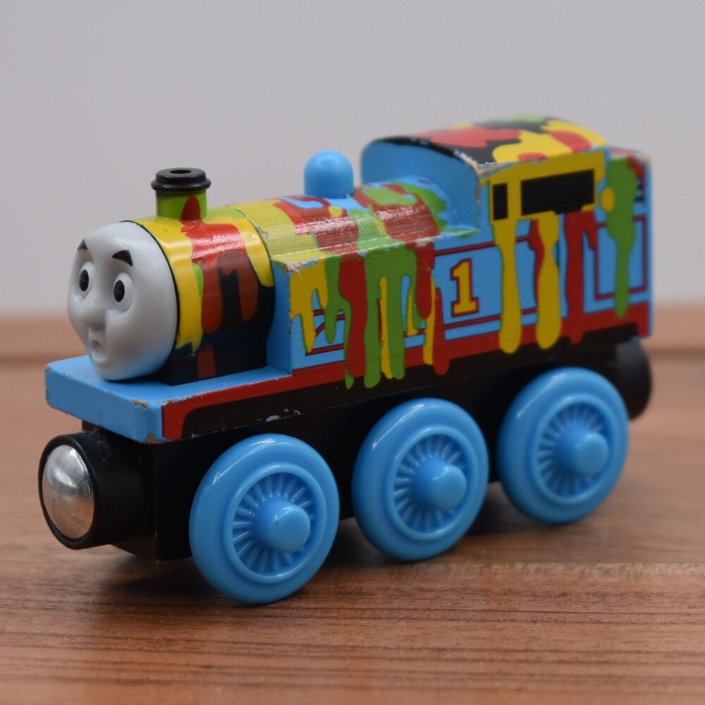 Paint Splattered Thomas the Train Wooden Railway Tank Engine Friends 2003 Rare - Picture 2 of 6